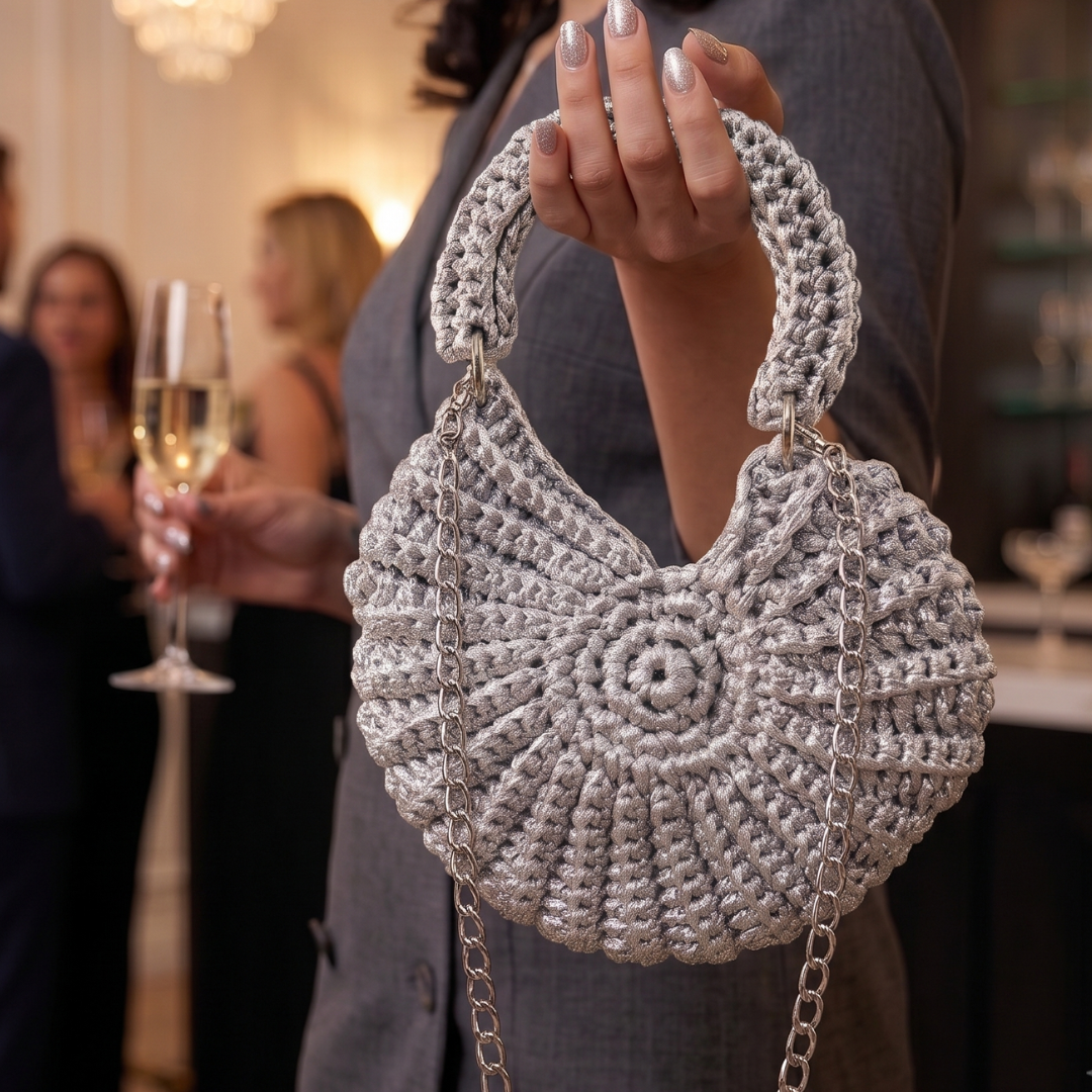 Shiroli Handmade Designer Metallic Silver - Shell crochet Bag - Image 5