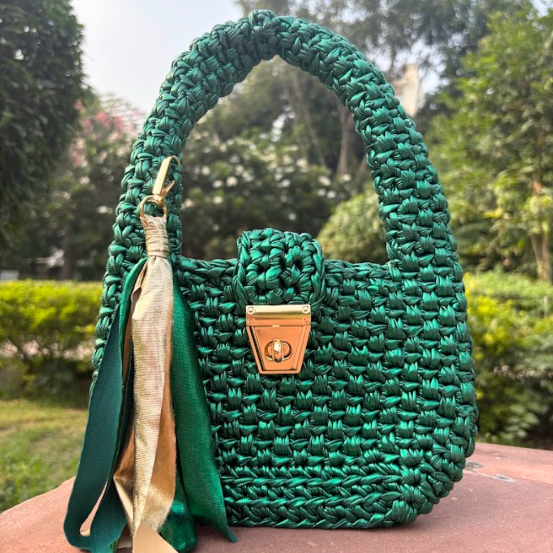 Shiroli Handmade Metallic Emerald Green - Top Handle Satchel Crochet Bag- Image 8