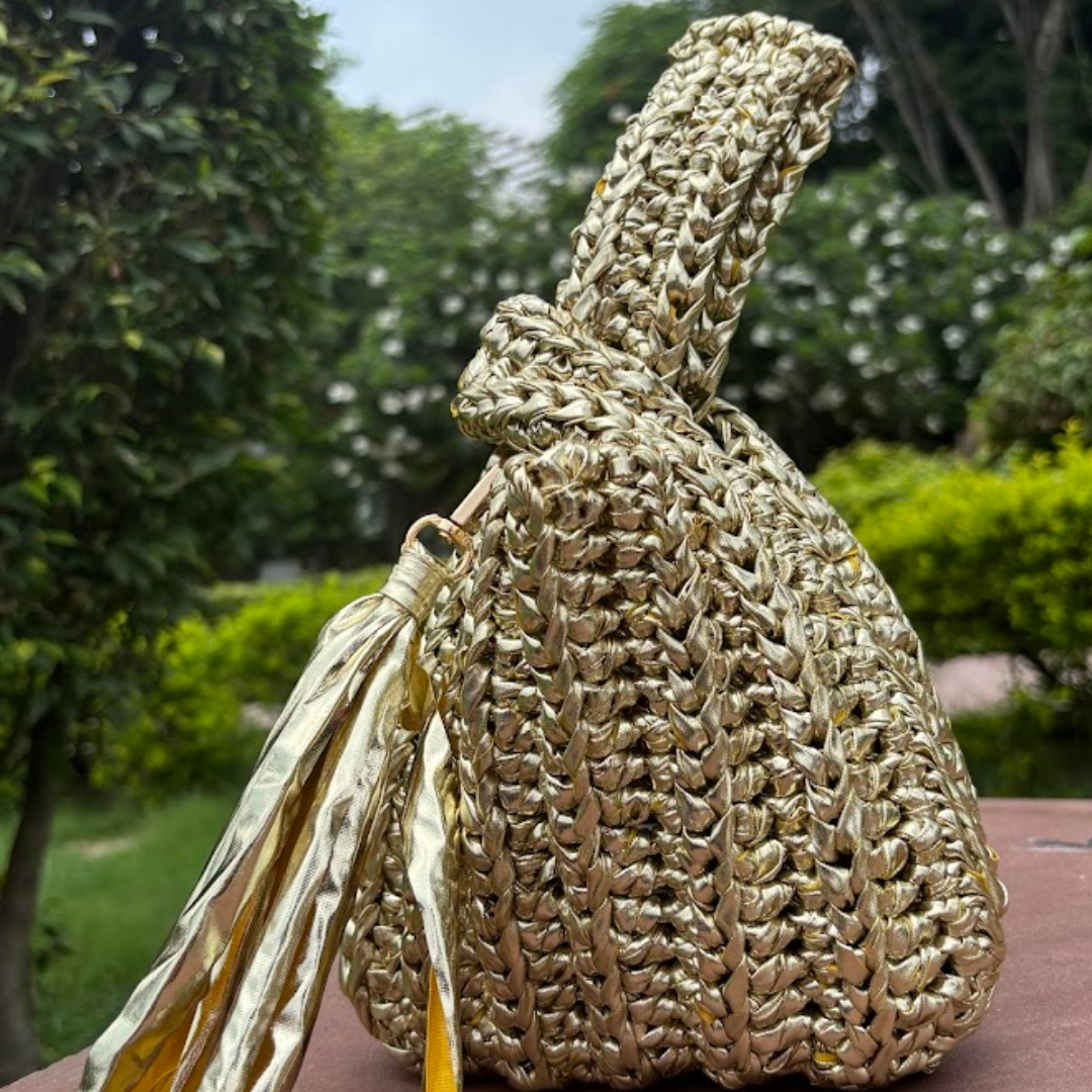 Shiroli Handmade Metallic Gold - Japanese Knot Crochet Bag- Design 2 - Image 3