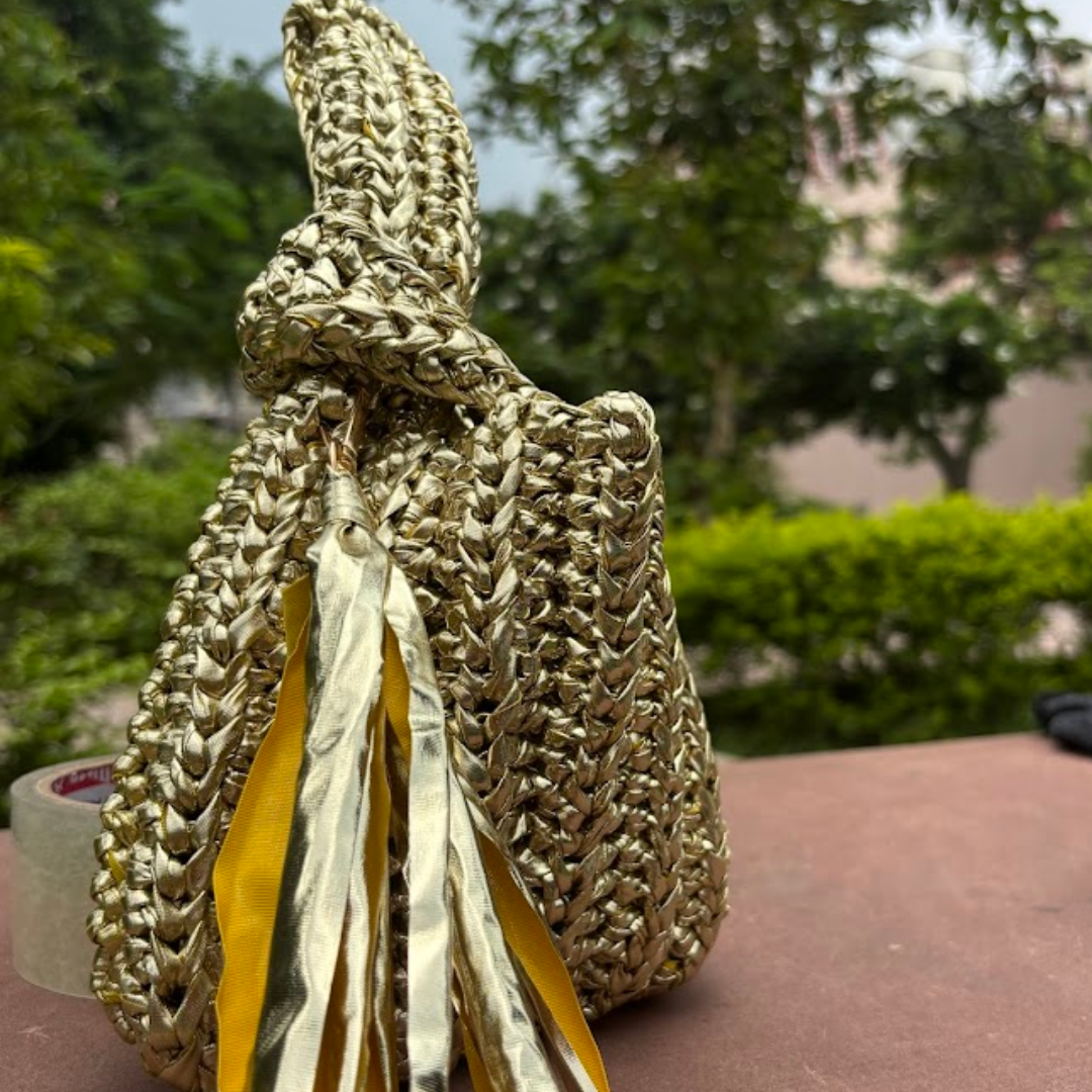 Shiroli Handmade Metallic Gold - Japanese Knot Crochet Bag- Design 2 - Image 2