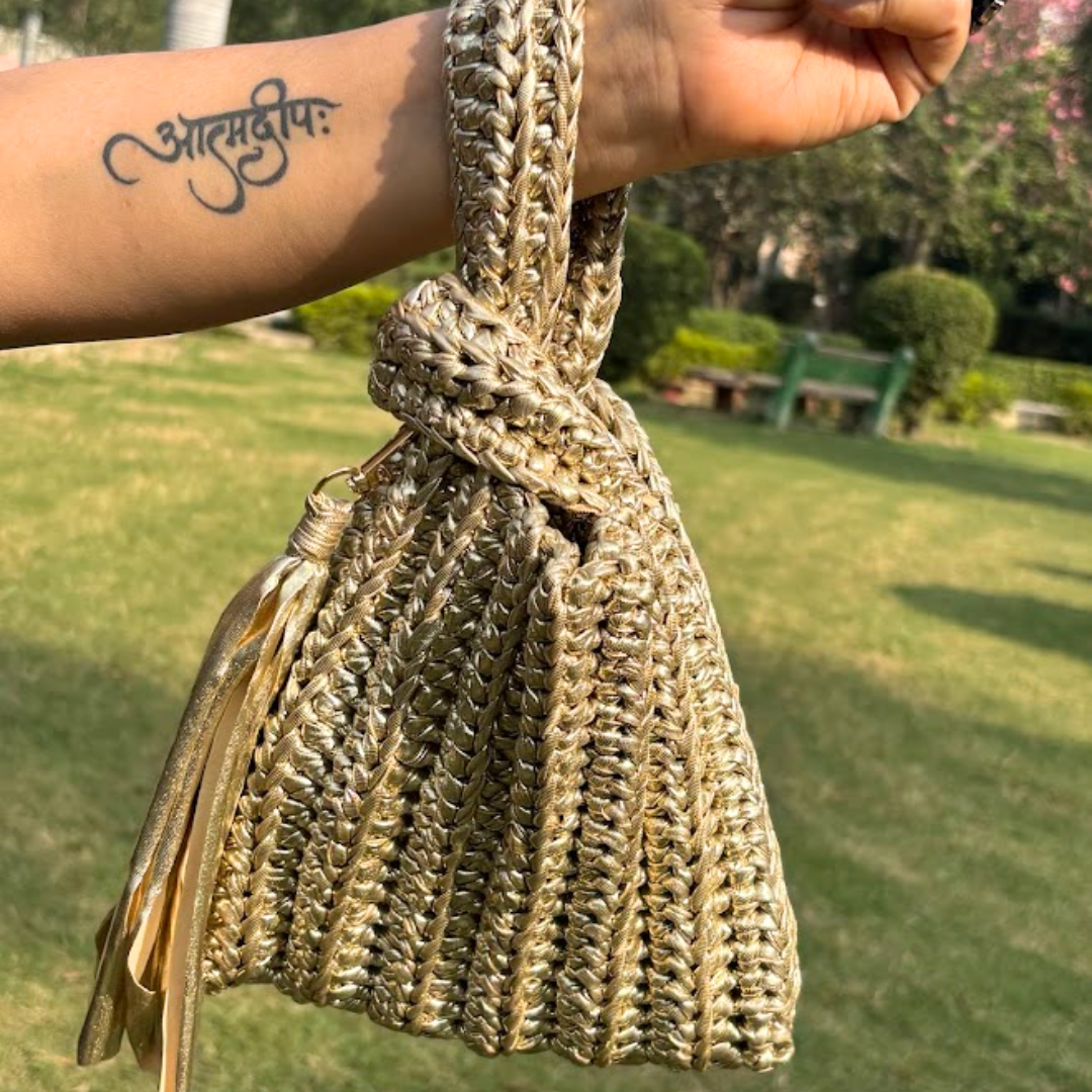 Shiroli Handmade Metallic Gold - Japanese Knot Crochet Bag - Image 3