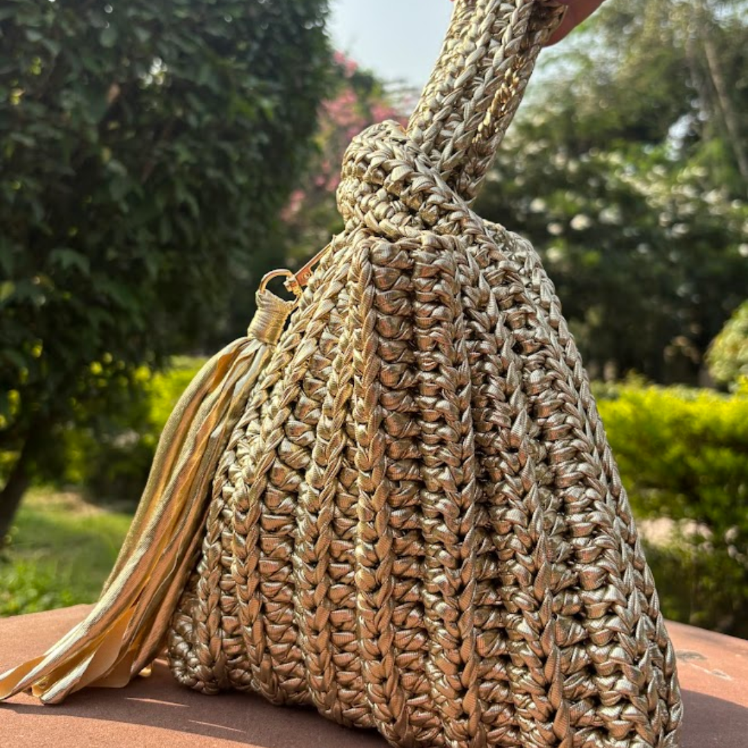 Shiroli Handmade Metallic Gold - Japanese Knot Crochet Bag - Image 2