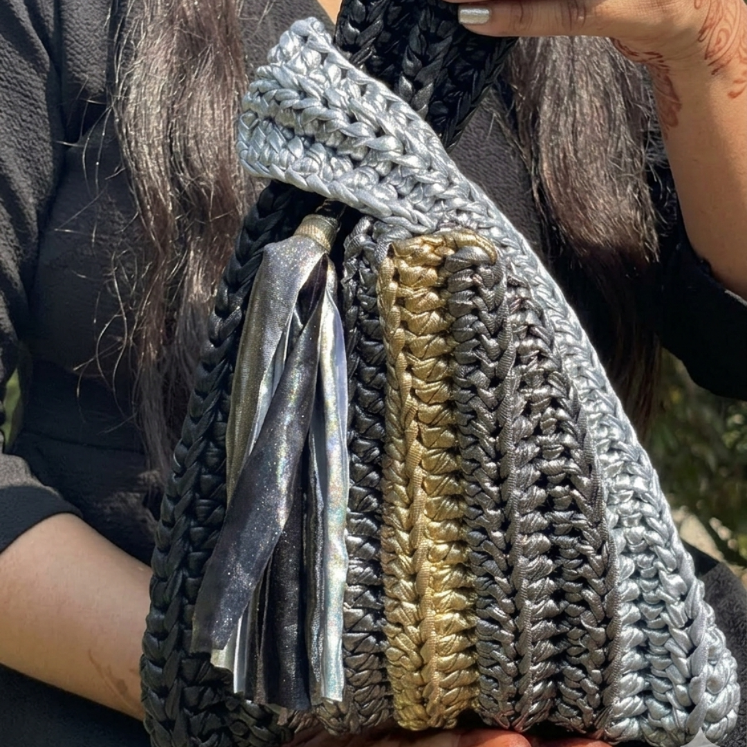 Shiroli Handmade Metallic Platinum Muse - Japanese Knot Crochet Bag- Image7