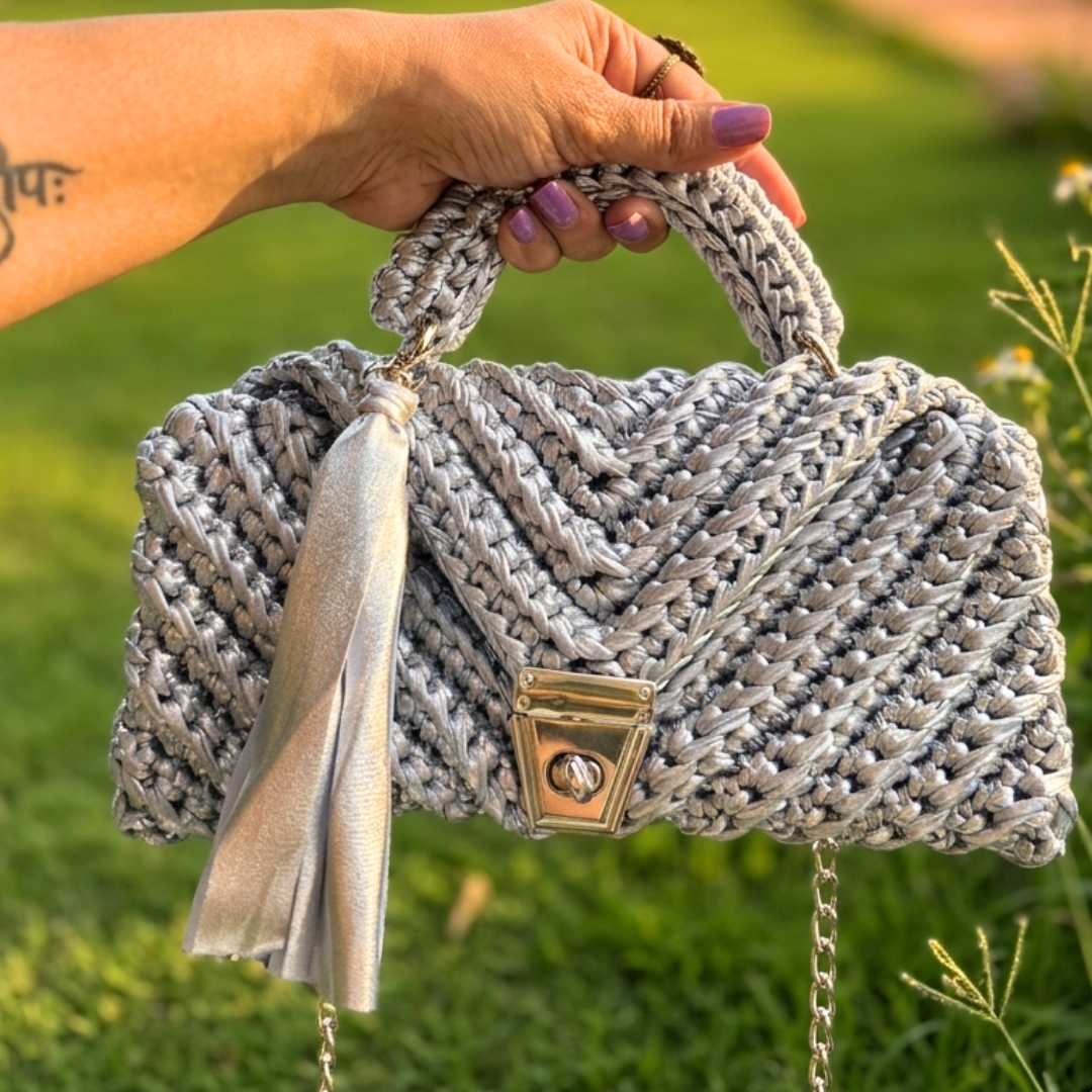 Shiroli Handmade Metallic Silver - Braided Crochet Bag- Image 6