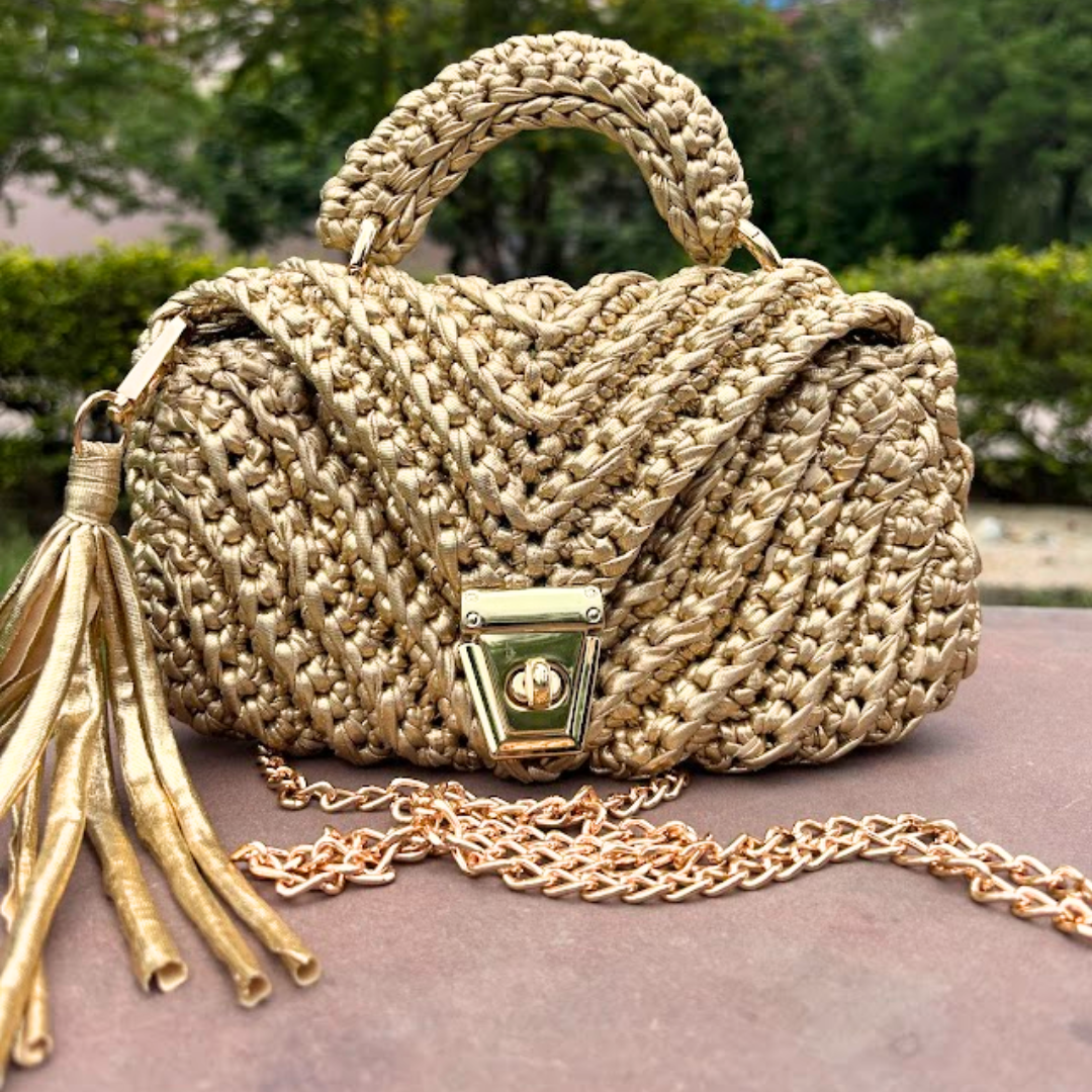 Shiroli Handmade Metallic Gold - Braided  Crochet Bag - Image 6