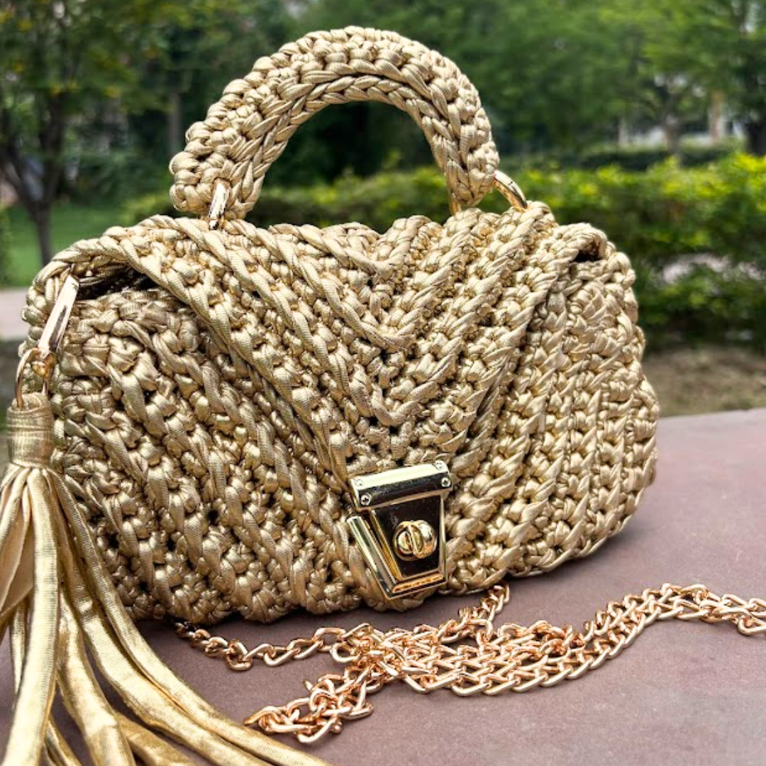 Shiroli Handmade Metallic Gold - Braided  Crochet Bag - Image7