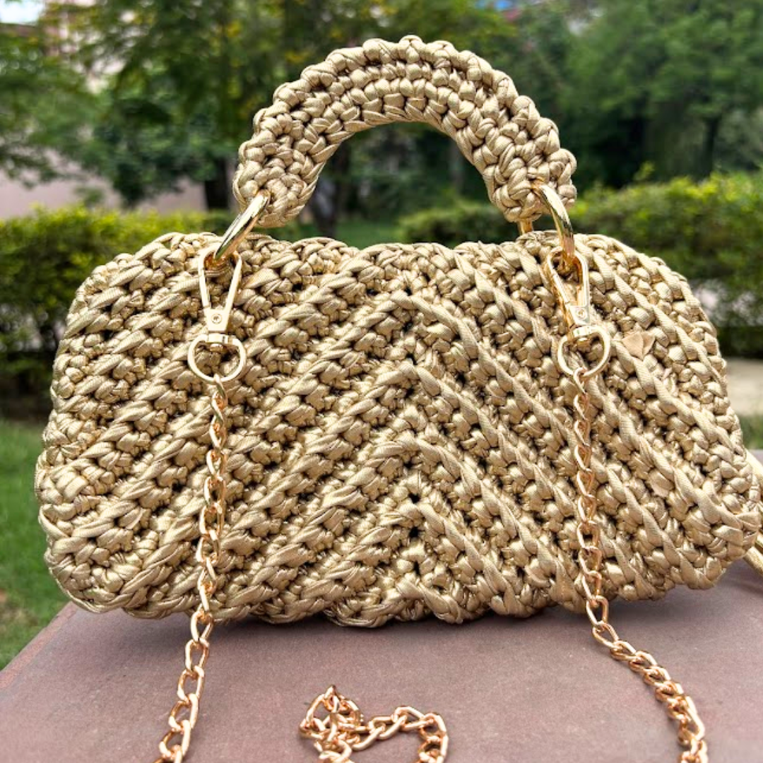 Shiroli Handmade Metallic Gold - Braided  Crochet Bag - Image 8