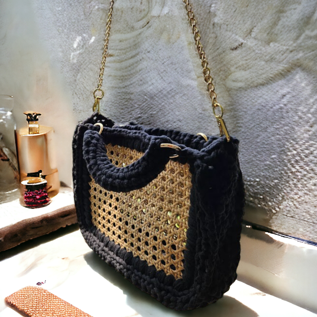Shiroli Handmade Cane Webbing Black Crochet Handbag - Image 8