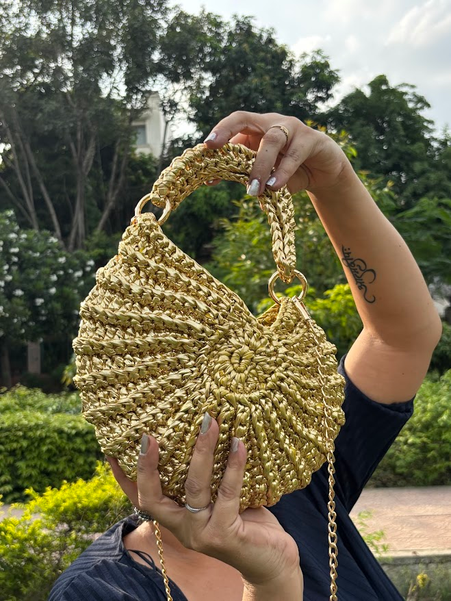 Shiroli Handmade Designer Metallic Golden -  Shell Crochet Bag - Image 6