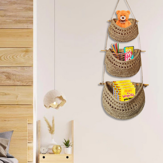 3-Tier Wall Mount Jute Hanging Basket - Shiroli - Image 1