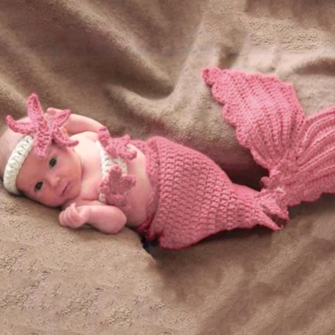 Handmade Baby Girl Mermaid Costume - Set of 3(Mermaid Tail, Bralette, Headband)