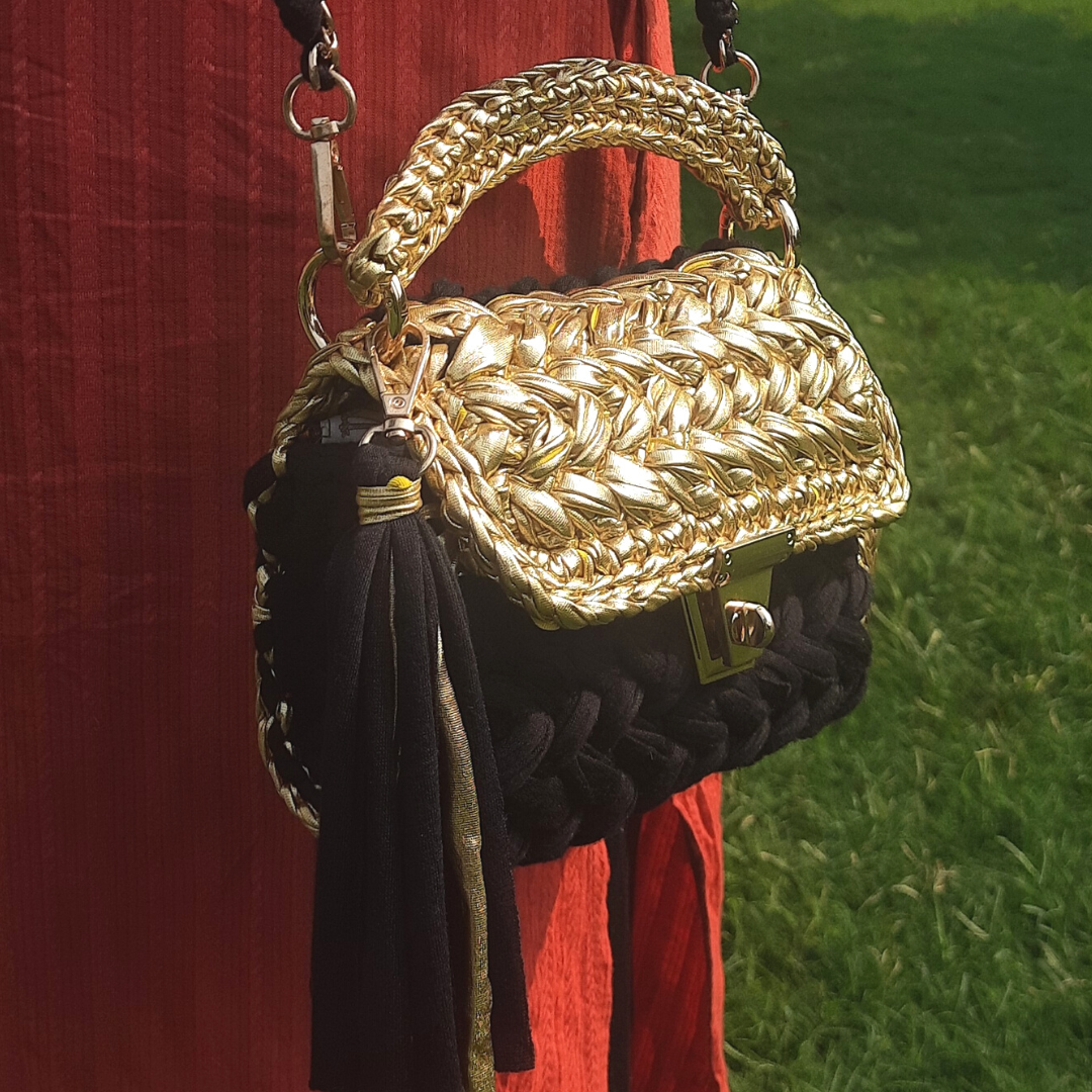 Shiroli Handmade Designer Crocheted Black n Golden Bag - Image 2