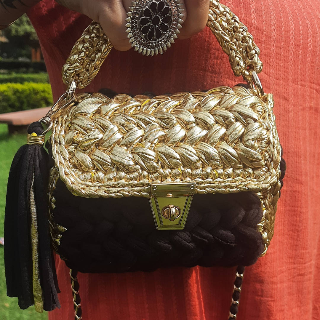 Shiroli Handmade Designer Crocheted Black n Golden Bag - Image 4