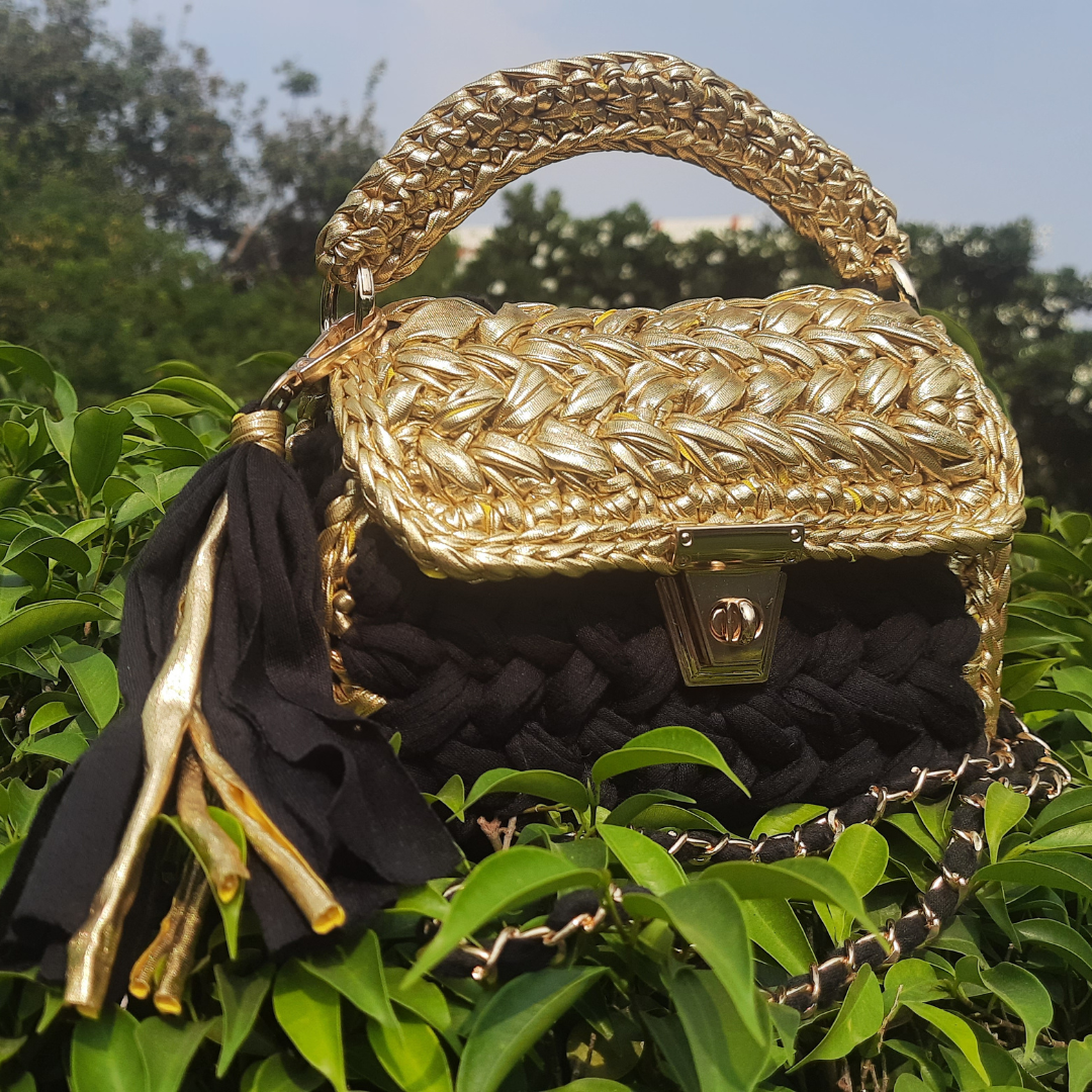 Shiroli Handmade Designer Crocheted Black n Golden Bag - Image 6