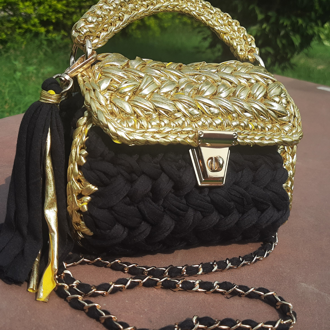 Shiroli Handmade Designer Crocheted Black n Golden Bag - Image 7