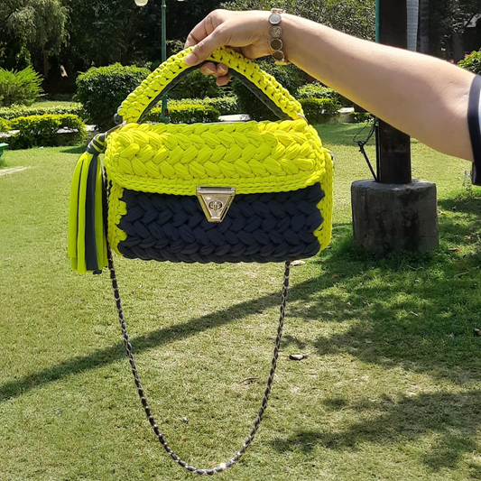Shiroli Handmade Designer Lemon-Grey Crochet Sling HandBag - Image 1