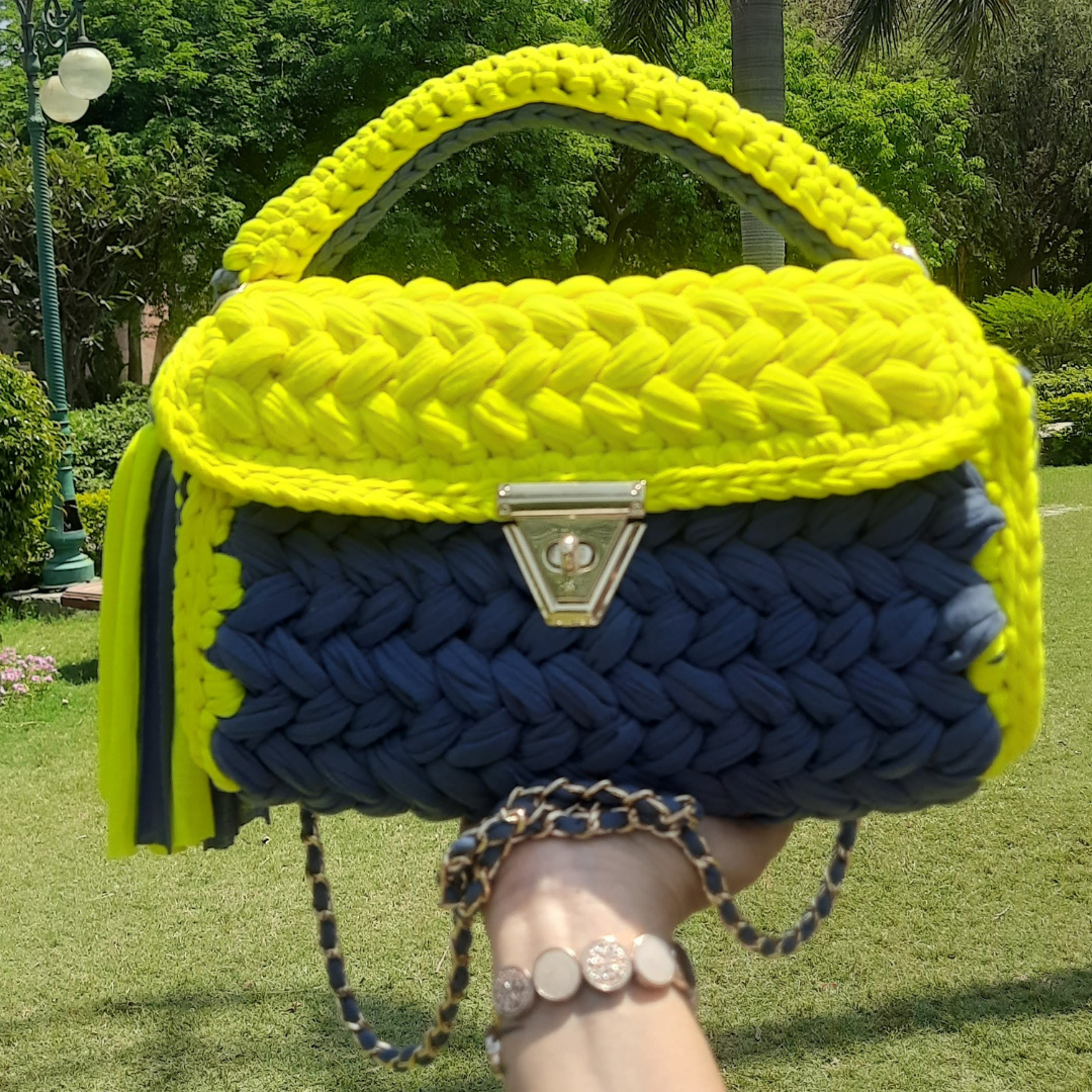 Shiroli Handmade Designer Lemon-Grey Crochet Sling HandBag - Image2