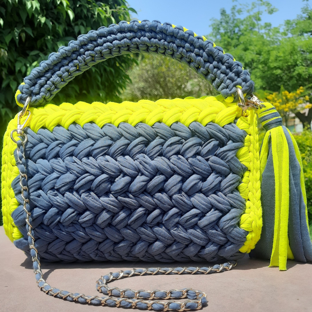 Shiroli Handmade Designer Lemon-Grey Crochet Sling HandBag - Image 5
