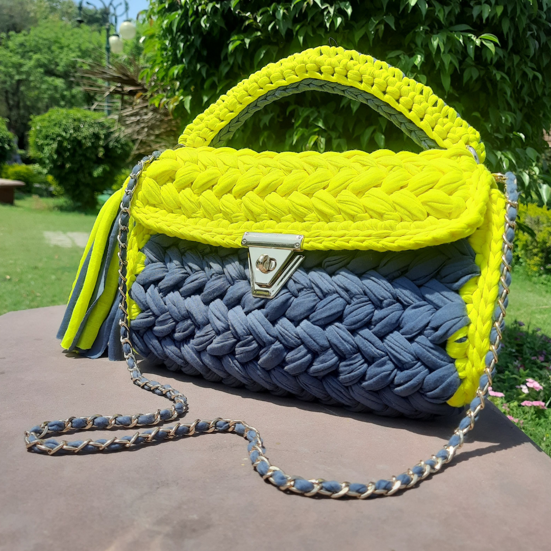 Shiroli Handmade Designer Lemon-Grey Crochet Sling HandBag - Image 3