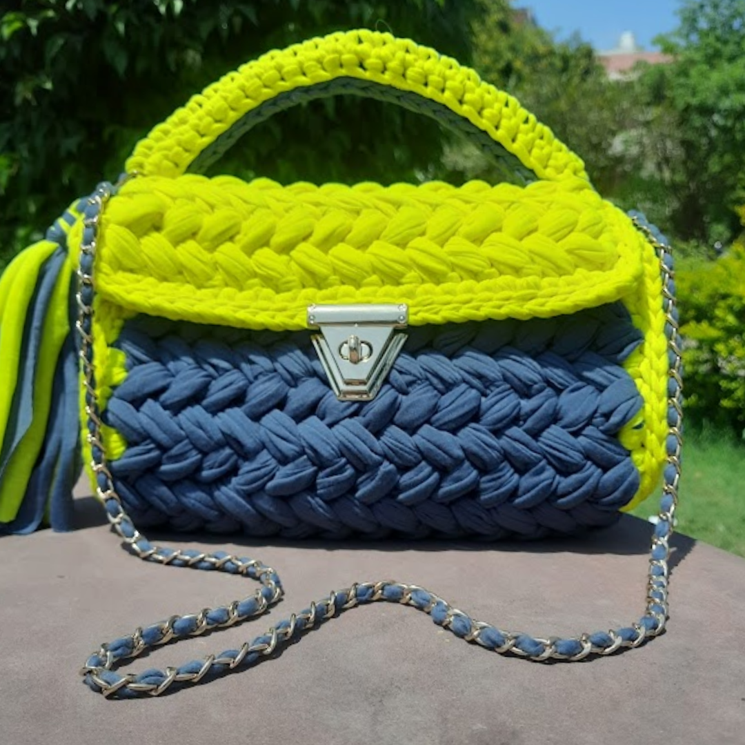 Shiroli Handmade Designer Lemon-Grey Crochet Sling HandBag - Image 4