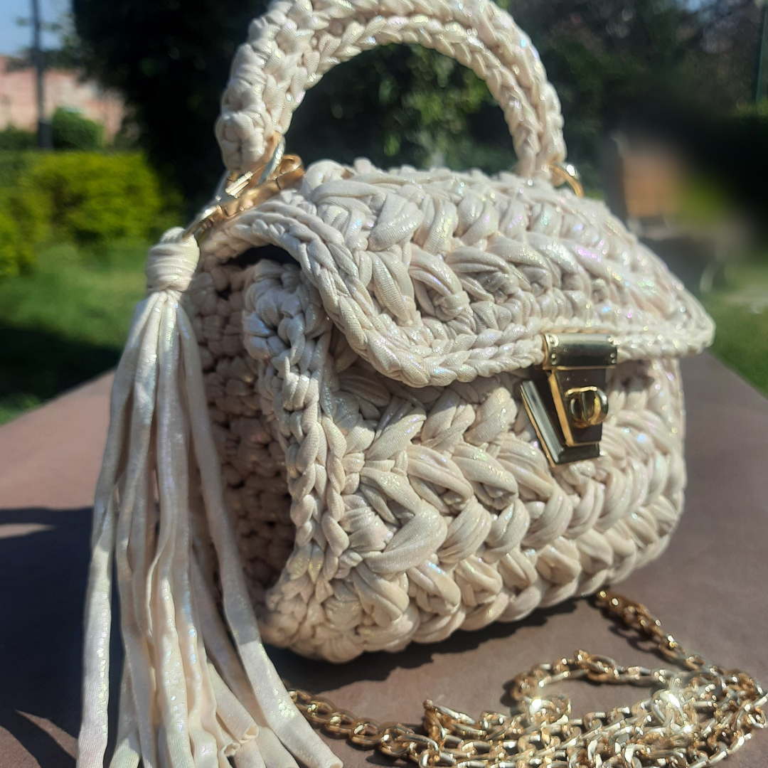 Shiroli Handmade Designer Metallic Ivory Bag - Image 2