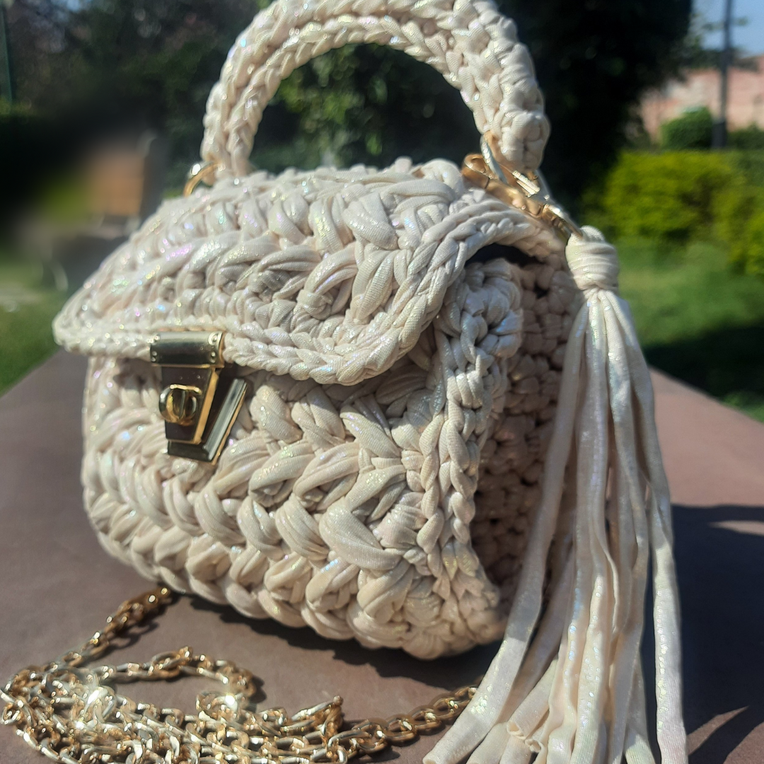 Shiroli Handmade Designer Metallic Ivory Bag - Image 4