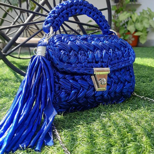 Shiroli Handmade Designer Metallic Royal Blue Crochet - Image 6 Bag